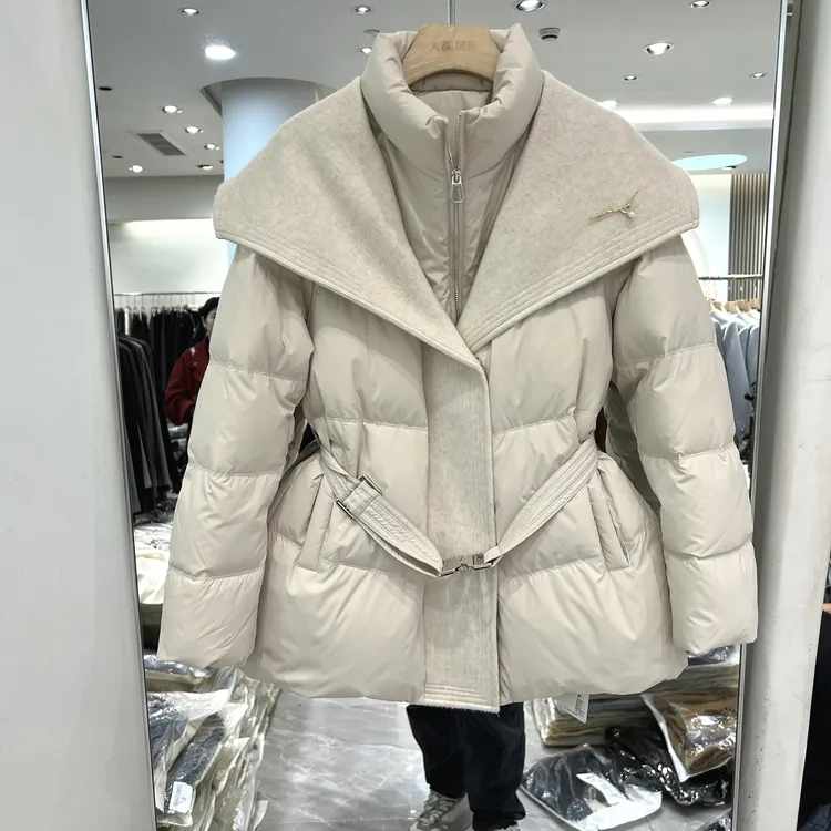 韩系时尚百搭双层毛呢加厚保暖大翻领腰带收腰棉服2025冬装女款潮