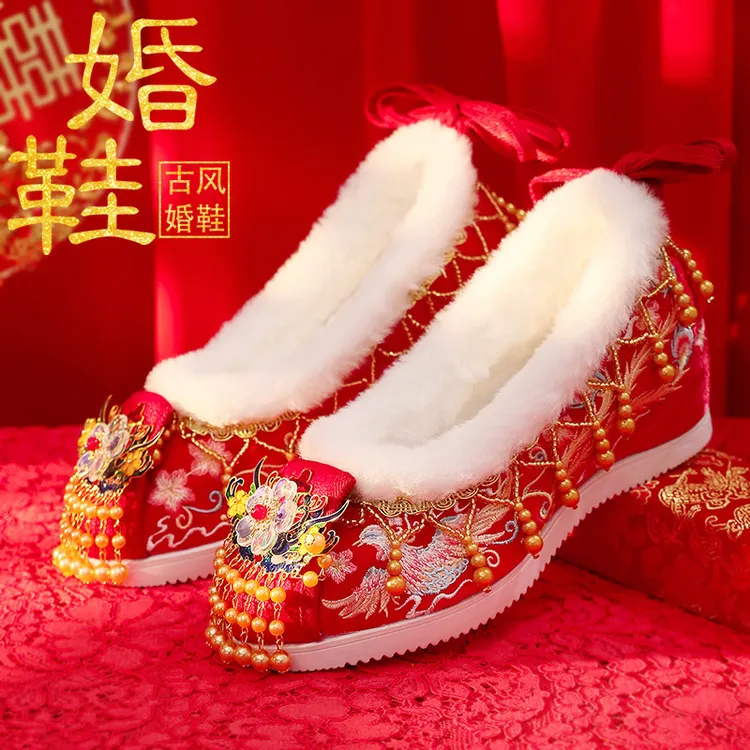 冬季新款内增高流苏秀禾婚鞋中式新娘鞋女加绒绣花鞋古风汉服鞋红