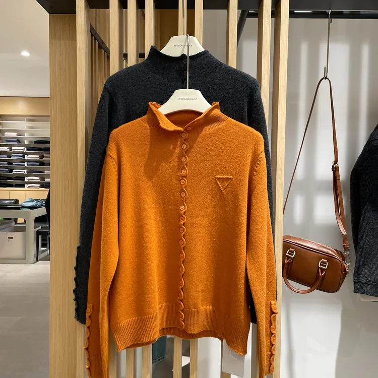 冬季针织毛针织衫黄色浣熊绒毛衣开衫纯色针织衫立领设计小众衣服