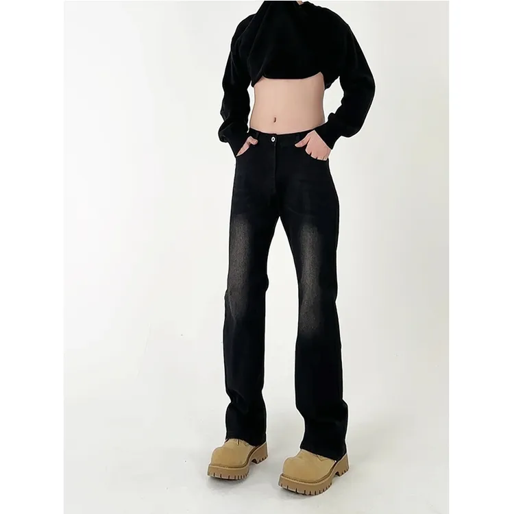 水洗磨白复古黑牛仔裤男冬季美式高街直筒裤子设计感修身微喇长裤