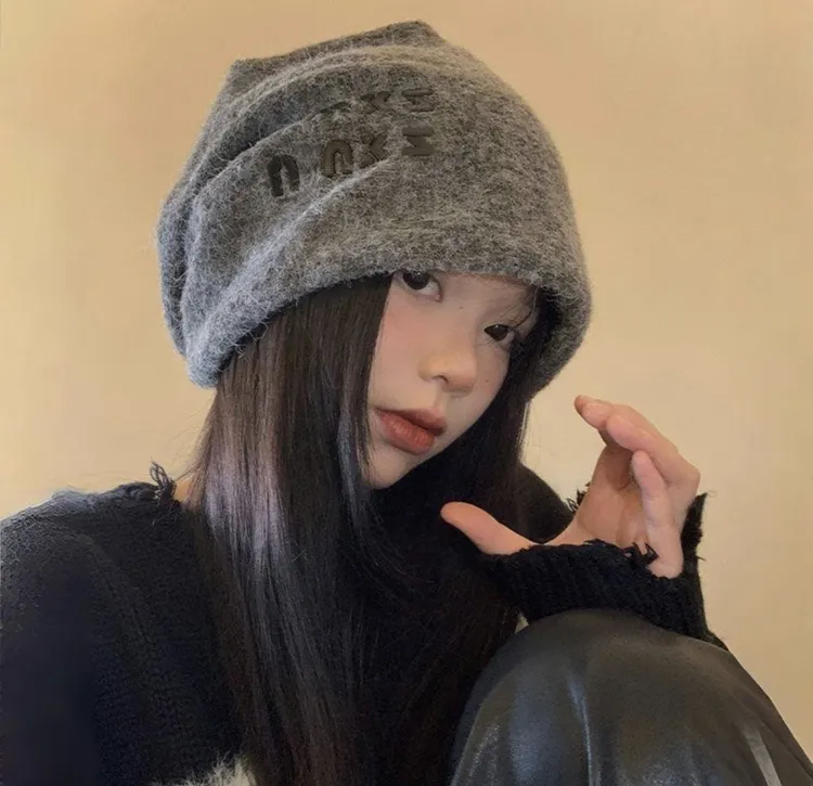 慵懒风含羊毛灰色堆女秋冬季日系百搭显脸小冷帽大头围保暖包头帽