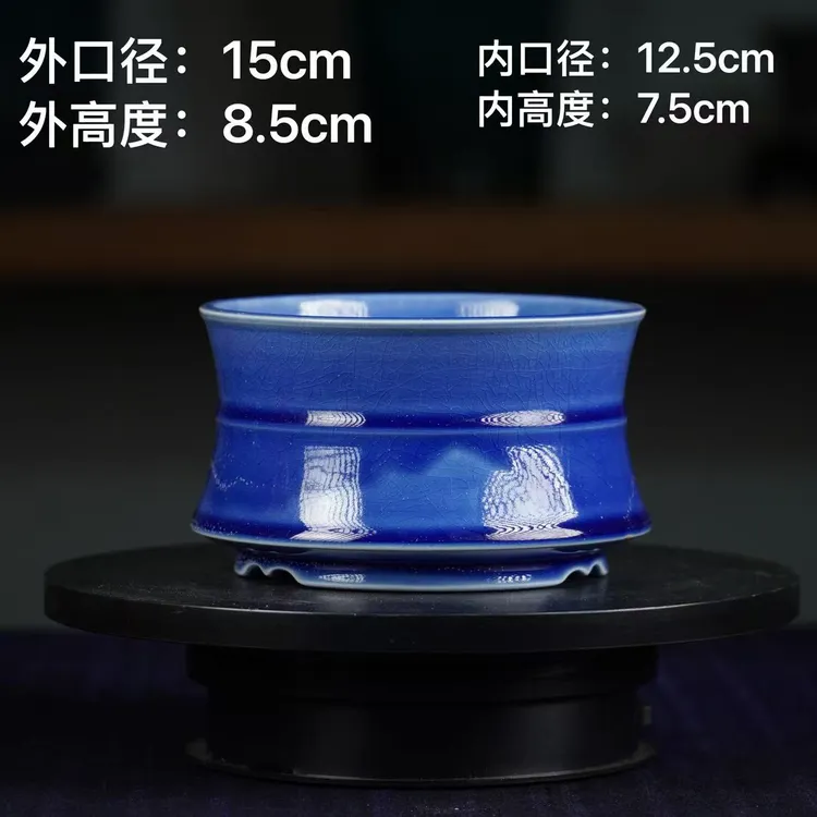 纯手工原矿高温雪花蓝釉冰裂纹弦纹盆高端盆景花盆微型花盆