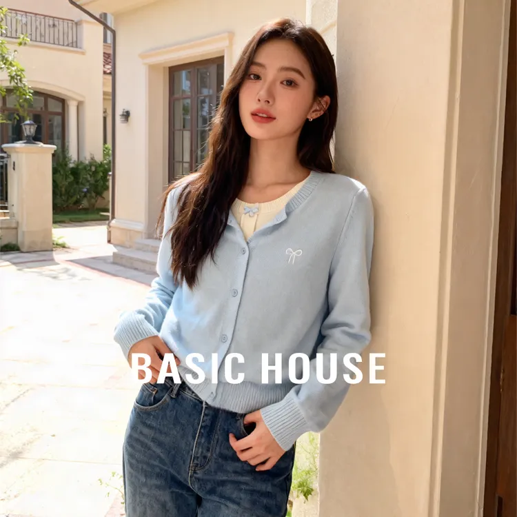 Basic House/百家好温柔风假两件针织开衫秋冬新款蝴蝶结软糯上衣