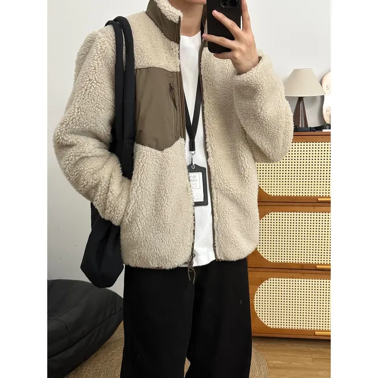 米咖色立领羊羔绒开衫卫衣男款冬季加绒加厚保暖棉服百搭情侣外套