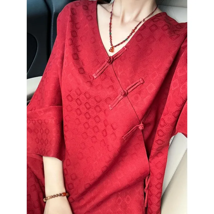 新中式女装红色斜襟盘扣提花上衣早秋高级感宽松显瘦百搭国风外套