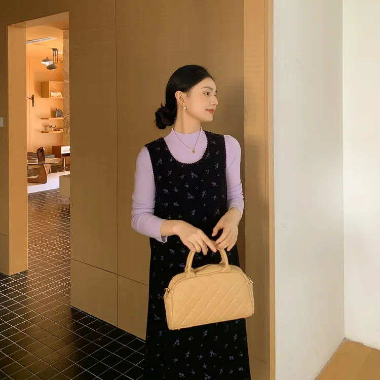 ZMA孕妇装【碎花背心长裙】秋冬千金风连衣裙淡紫色半高领打底衫