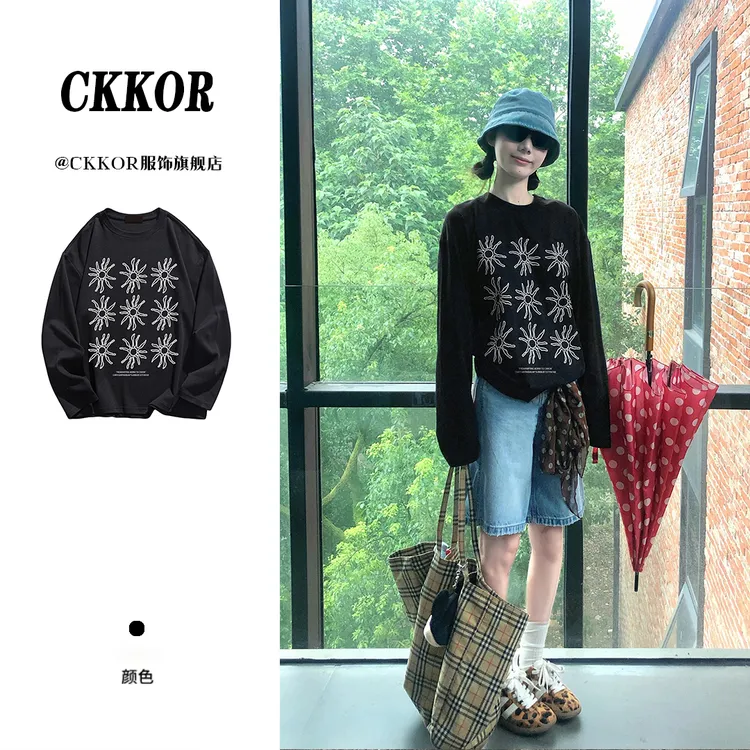 CKKOR新款爆款宽松纯棉长袖t恤女显瘦百搭韩版休闲慵懒风圆领上衣