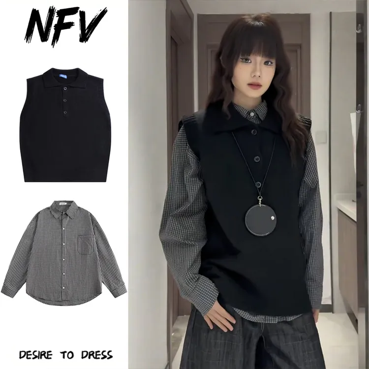 两件装/秋冬季复古翻领针织马甲背心男女叠穿学院风百搭无袖毛衣