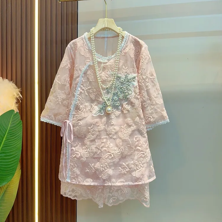 2025夏季新款时尚网纱重工钉珠遮肉气质上衣松紧腰短款套装25101