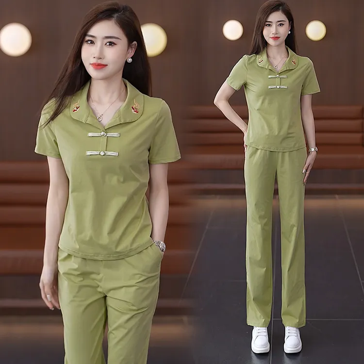 新中式运动服套装女夏季新款洋气显瘦薄款短袖阔腿裤休闲两件套潮