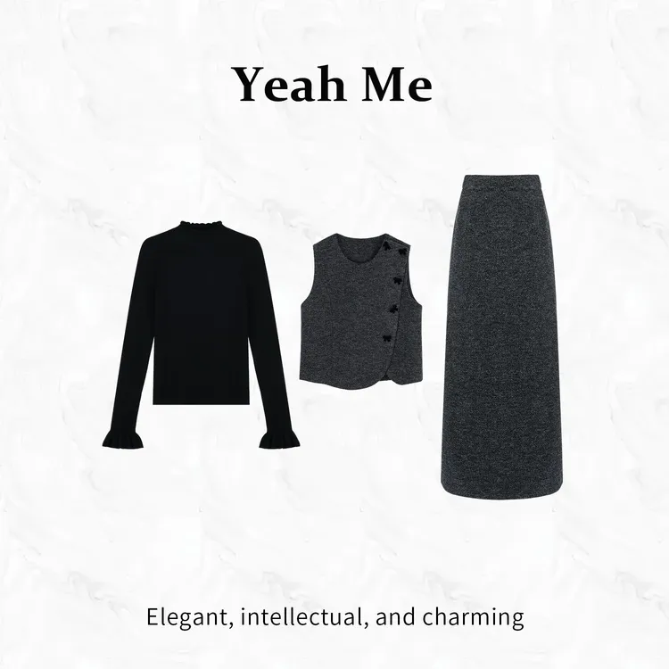 Yeah Me/也觅【冬语雾秋】秋冬新款简约风慵懒气质半身裙套装女装