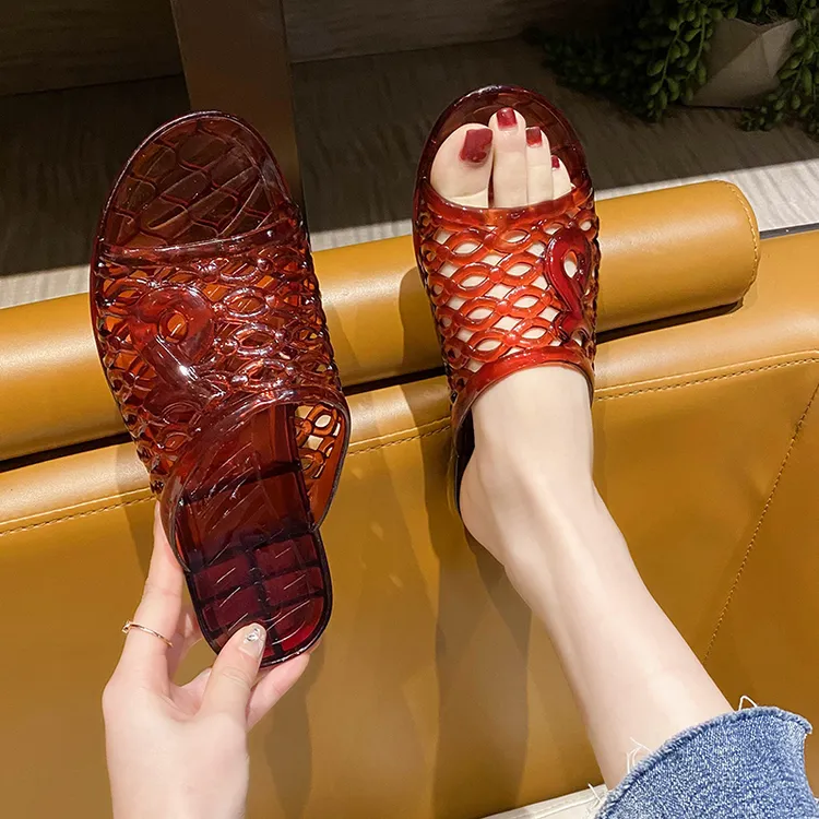 熟胶浴室防滑水晶拖鞋女妈妈居家厚底耐磨透明坡跟凉拖鞋外穿轻便
