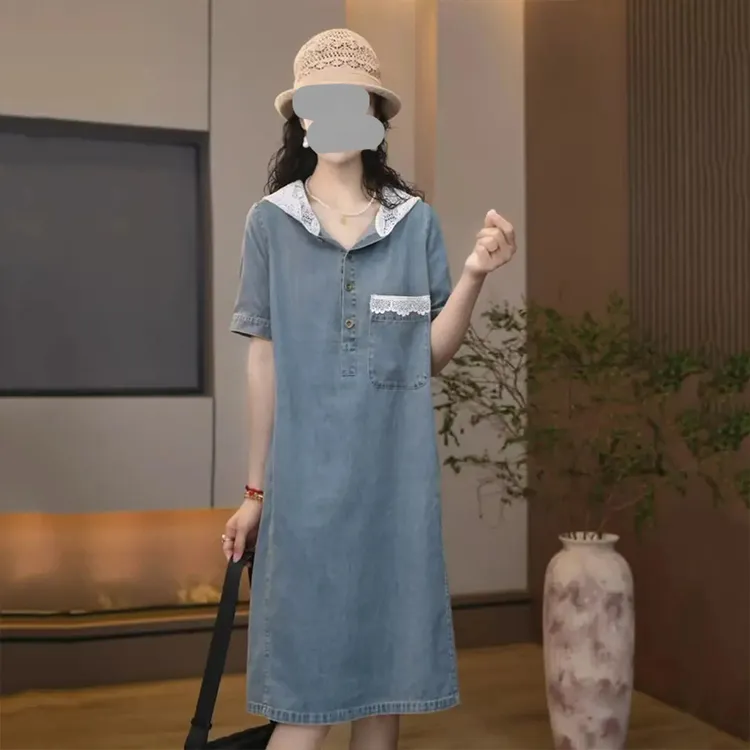 高级设计感蕾丝拼接连帽牛仔长裙2025年夏季新款时髦减龄连衣裙女