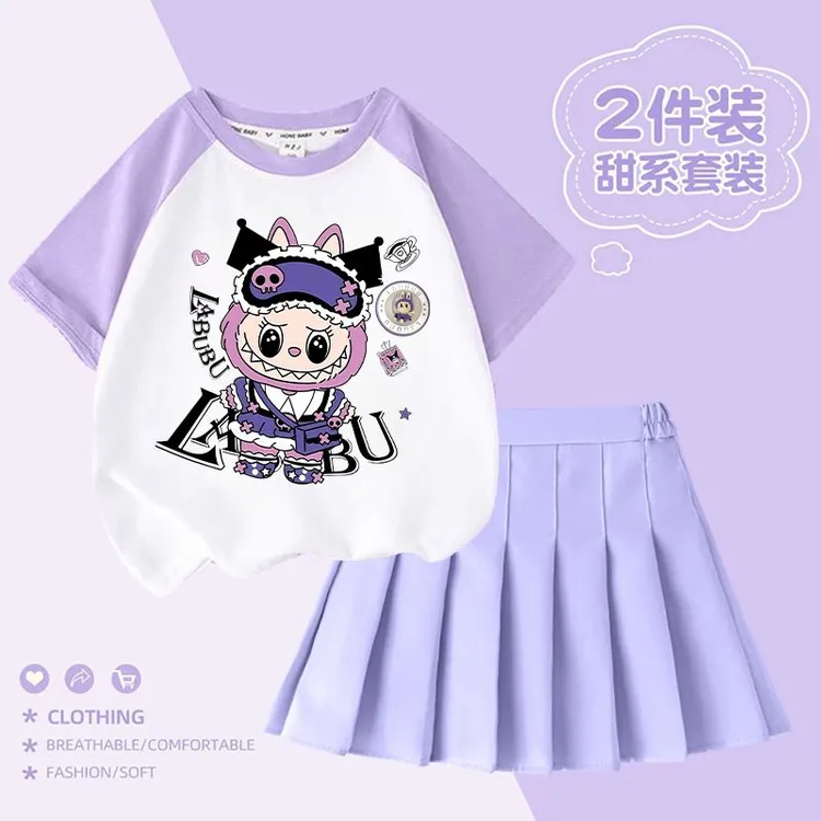 拉布布拼色儿童短袖T恤洋气时髦纯棉女童女孩半百褶夏季两件套装