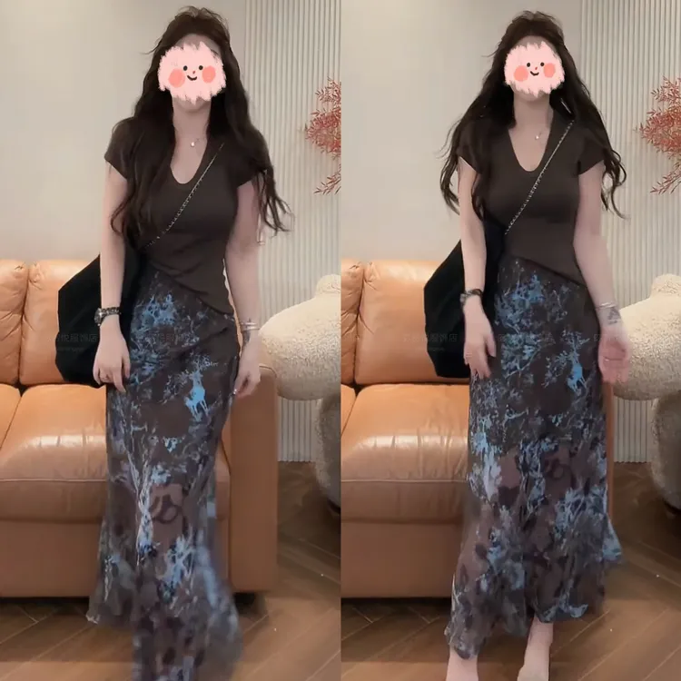 2025夏季新款度假风纯色百搭收腰显瘦U领上衣T恤修身半身裙套装女