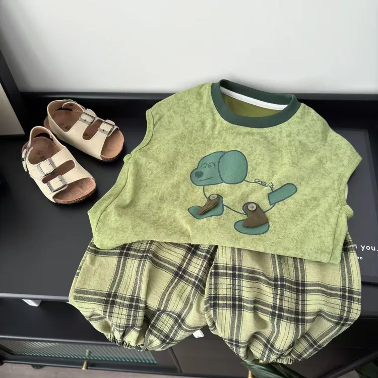 儿童背心套装2025新款男女童无袖坎肩防蚊裤两件套宽松上衣格子裤