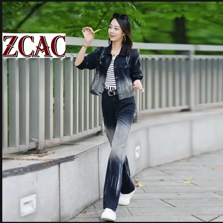 美式校园ins超酷渐变色牛仔外套+高腰阔腿裤复古显瘦炸街两件套