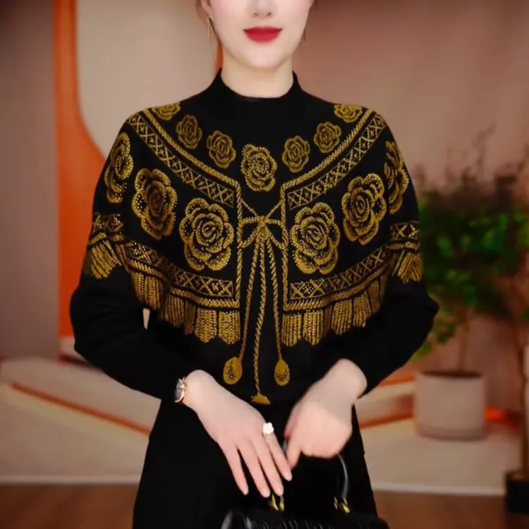 秋冬季新款提花保暖针织衫女长袖显瘦减龄套头气质时尚毛衣上衣