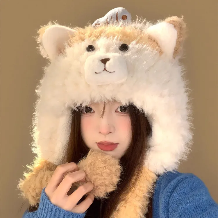 可爱小鱼猫咪耳朵毛绒帽子女秋冬季显脸小保暖防寒加厚护耳雷锋帽