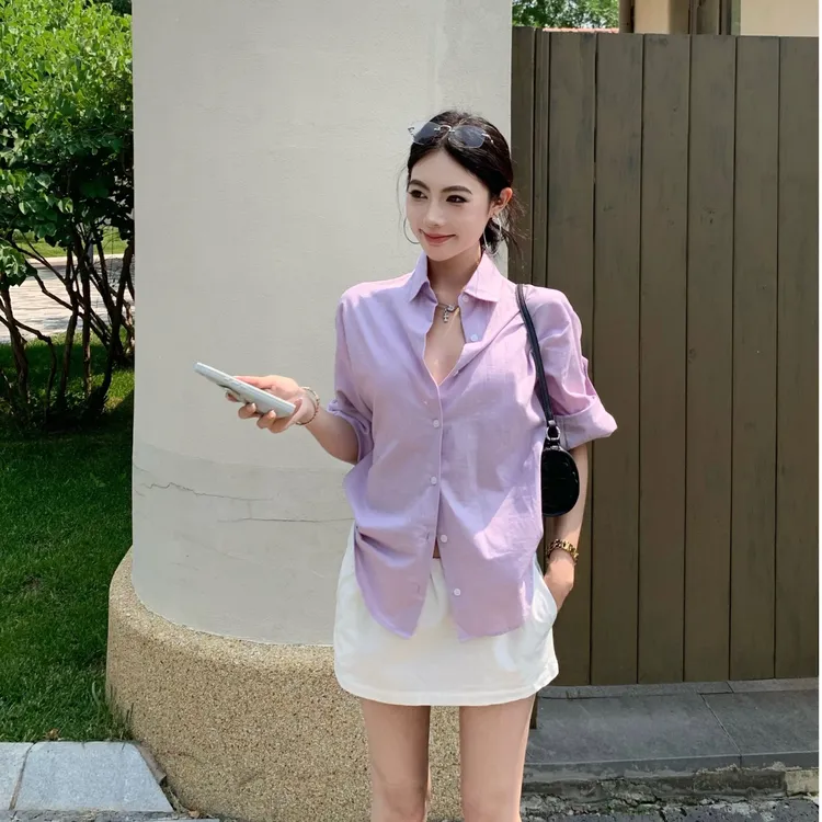 时尚套装复古短袖衬衣极简lulu风御姐防走光半身裙亚麻套装 