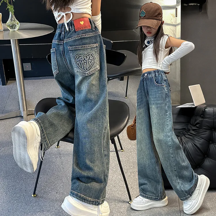 女童牛仔裤2025春秋新款中大儿童韩版洋气冬季加绒宽松直筒阔腿裤