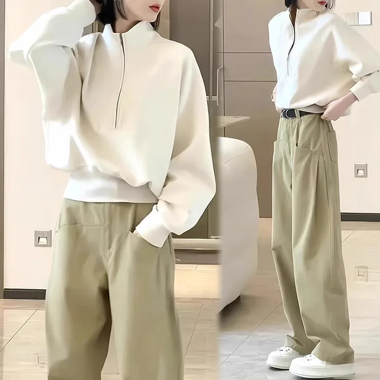 2025春秋季新款女士高级感休闲立领卫衣时尚高腰阔腿裤穿搭两件套