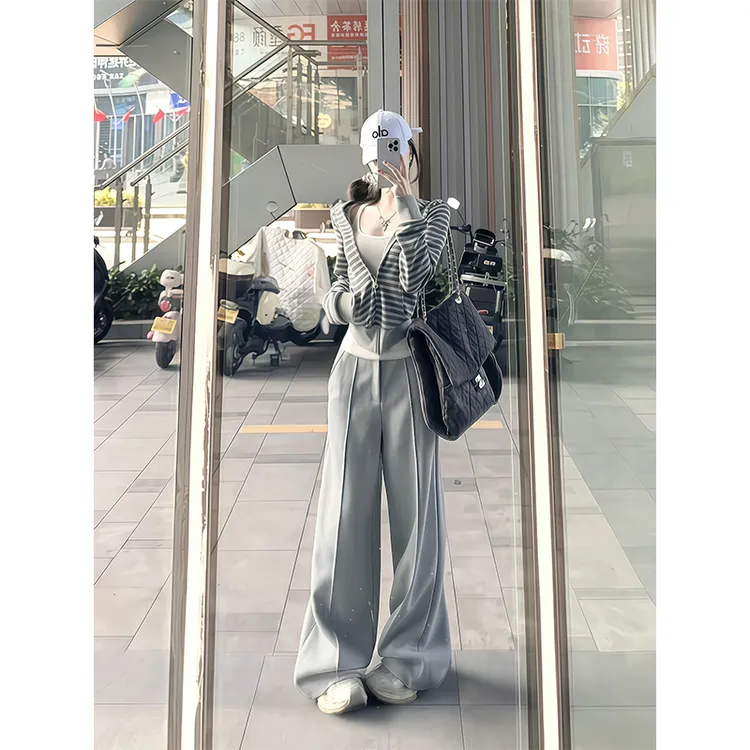 2025新款女士秋季慵懒风撞色条纹连帽长袖卫衣外套高腰宽松阔腿裤