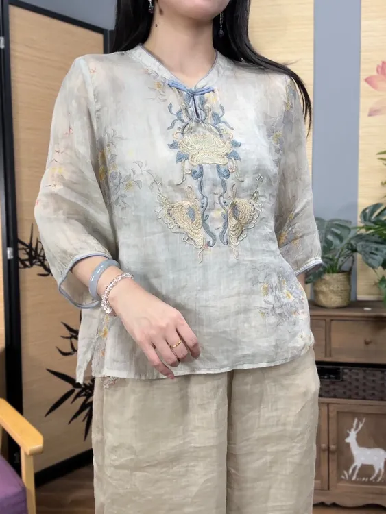 花开富贵苎麻印花小衫国风刺绣2025防晒衬衫六分袖复古盘扣衬衣