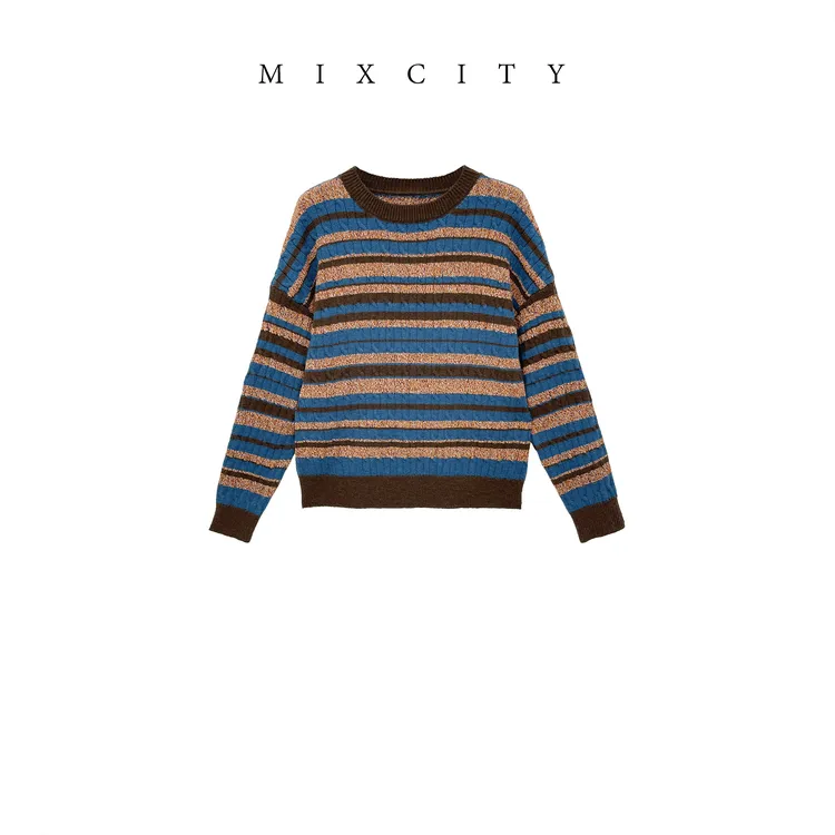 【MIXCITY亚楠家】蓝岛衫◆正反双绞花拼色条纹羊绒羊毛针织衫9381