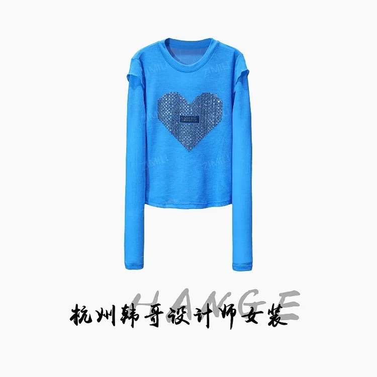 【韩哥女装】2025欧版新品蓝色心形烫钻透气高弹网纱上衣8182-A7