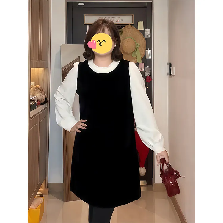 大码法式千金气质拼接假两件连衣裙微胖MM百搭风显瘦遮肉气质裙子