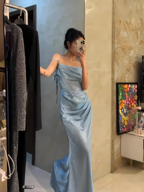 2025法式气质宴会晚礼服露背高级性感礼服蓝色闪闪长裙吊带连衣裙