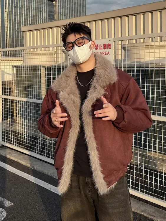 【蔡不肉】美式复古麂皮绒座山雕棉服男潮牌冬季情侣保暖百搭棉衣