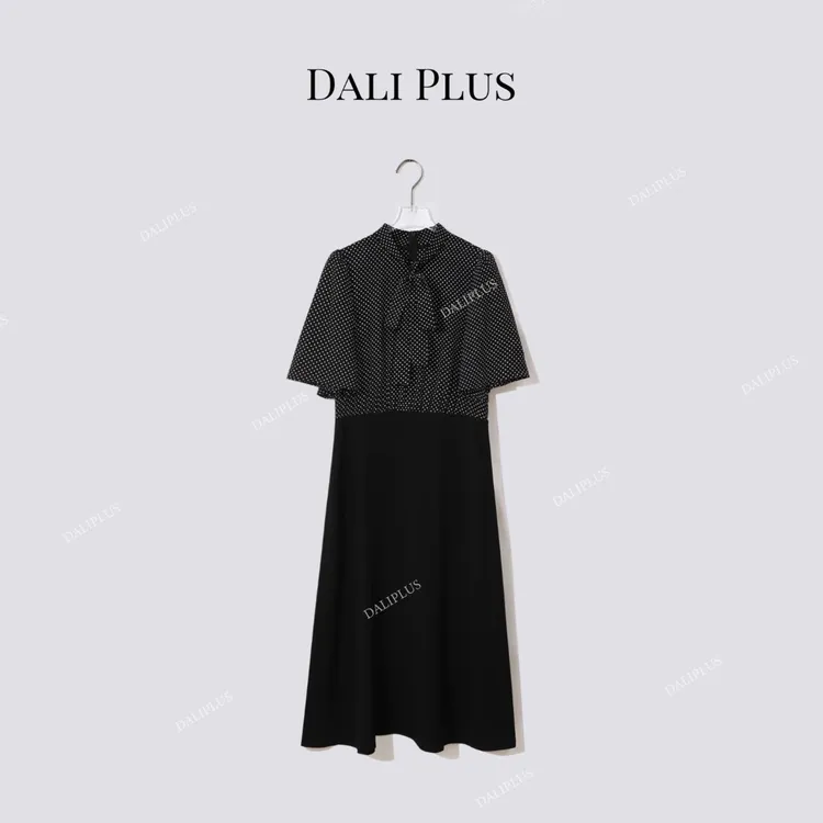 DALI PLUS“金秘书醋酸波点连衣裙”蝴蝶结飘带连衣裙-D5ST1288