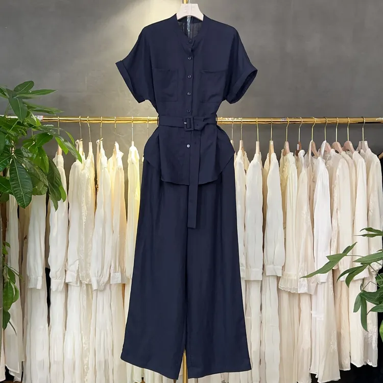 高级感时尚套装女气质短袖衬衫夏季新款收腰显瘦阔腿裤休闲两件套