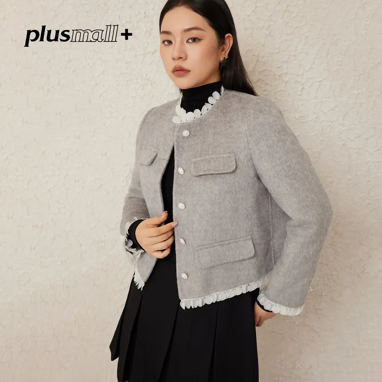 PLUSMALL 蕾丝绮梦 小香织带拼接短款大衣双面呢PM2509049