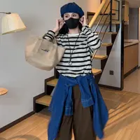 【小个子】 秋季百搭休闲慵懒风圆领条纹套头长袖针织