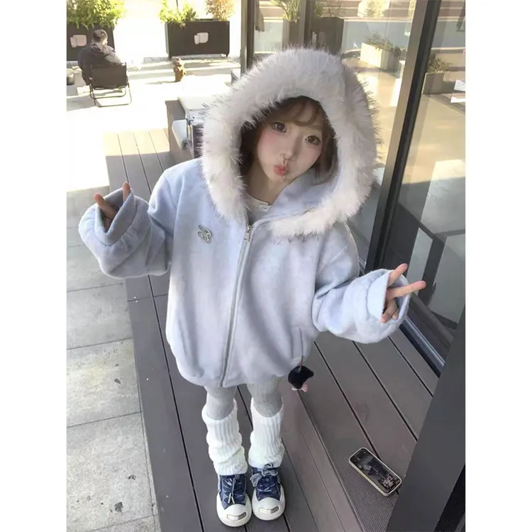 QDQD蓝色连帽毛领羊毛呢子大衣夹棉加厚保暖秋冬季卫衣外套女秋冬