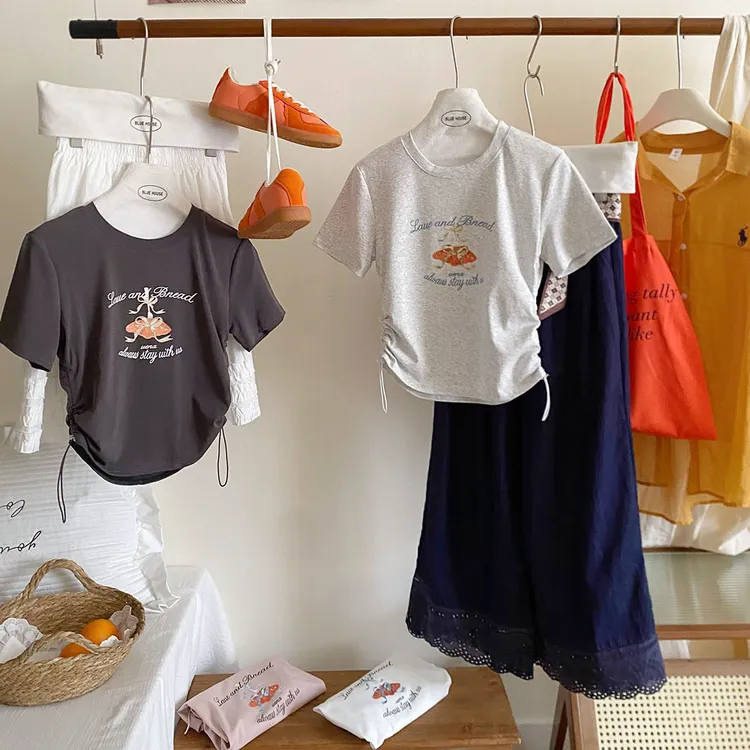 韩国少女系侧抽绳掐腰蝴蝶结印花短袖T恤女夏修身小个子体恤上衣