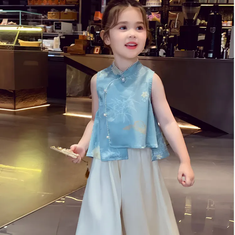 女童新中式国风套装夏装2025新款小女孩缎面提花上衣阔腿裤两件套
