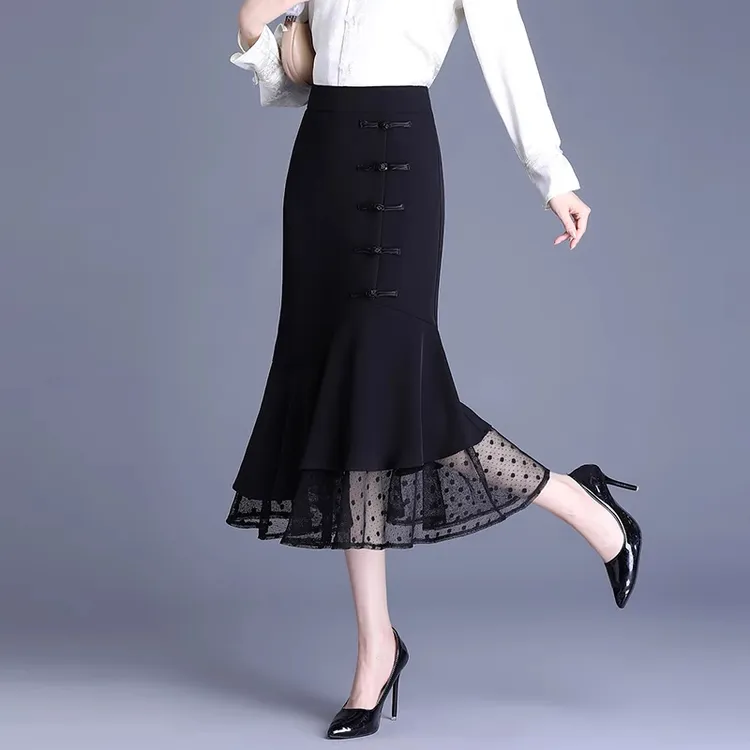 拉夏贝尔不规则网纱鱼尾裙女2025夏季新中式气质垂感中长款包臀裙