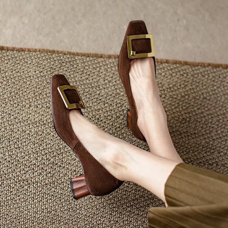 浅口单鞋春季金属方扣粗跟真皮方头气质百搭全皮高跟鞋女鞋