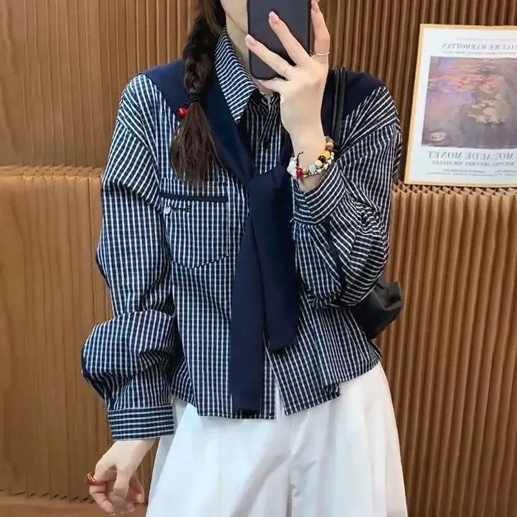 韩系减龄披肩长袖格子衬衫女2025春秋新款洋气时尚百搭设计感上衣