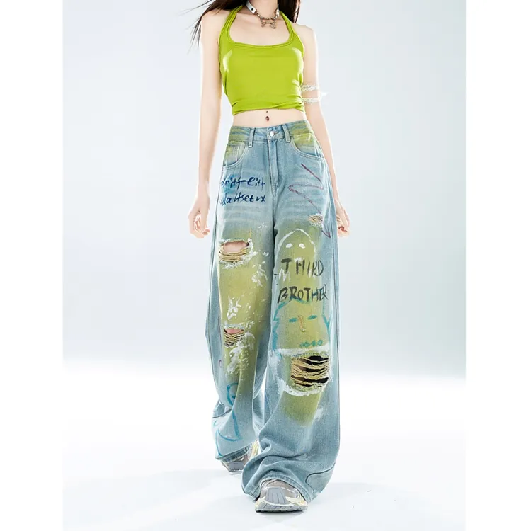 美式复古涂鸦破洞牛仔裤女2025夏季新款高腰垂感设计感小众阔腿裤