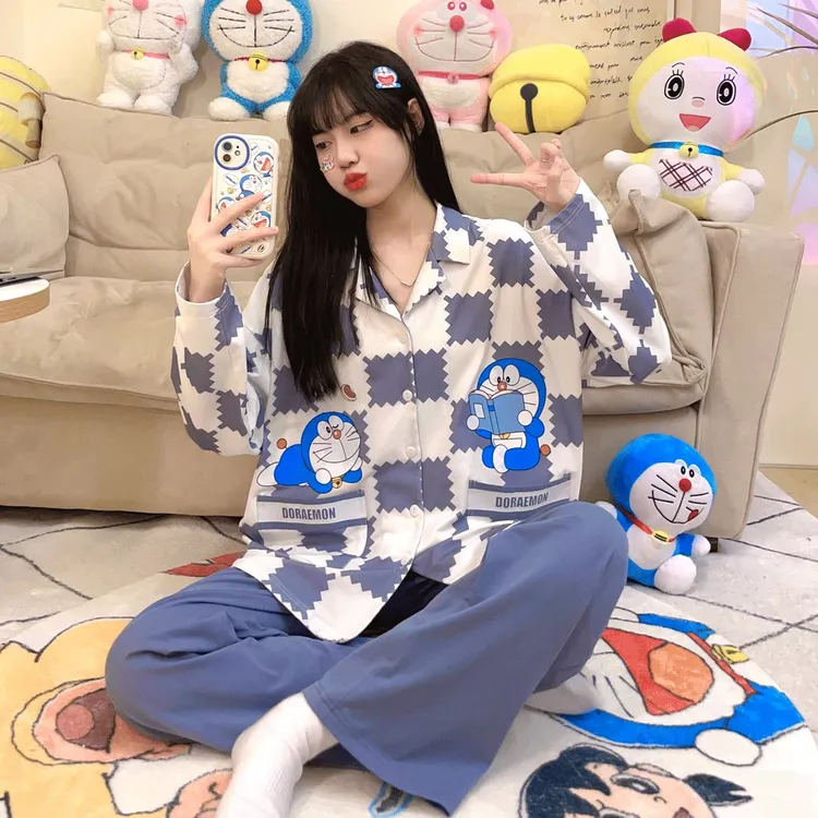 睡衣女生春秋季新款长袖大码日系哆啦梦莫代尔可爱家居服套装冬天