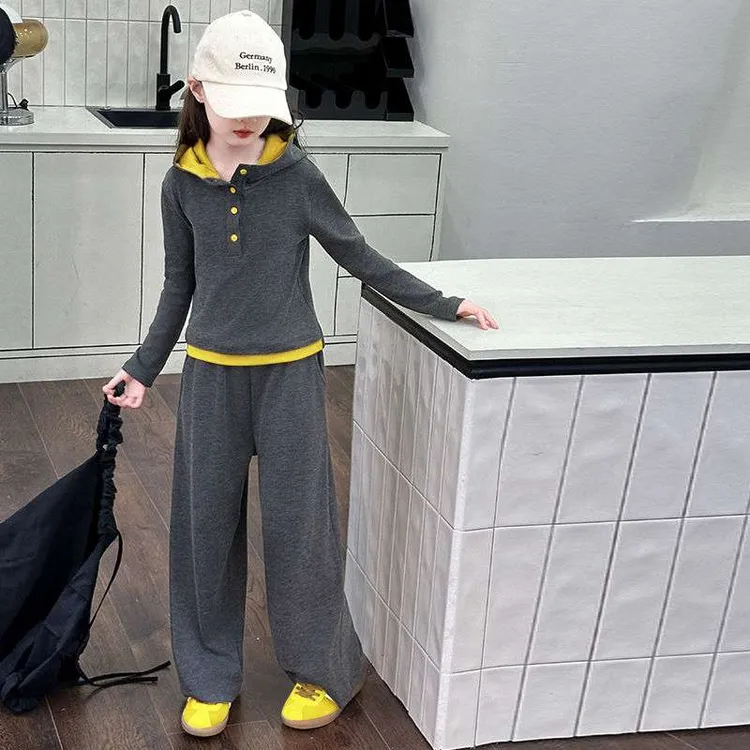 换季女童春秋套装儿童灰色休闲连帽假两件上衣中大童时尚装阔腿两