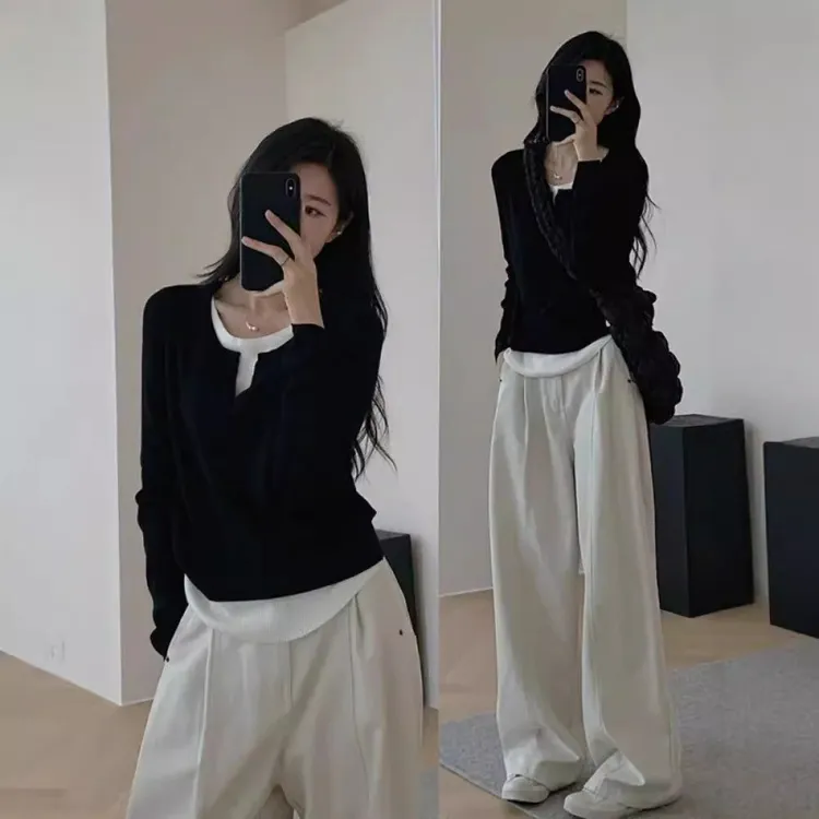 【高品质，24h发货工厂直供爆款】韩系假两件领春秋长袖T恤女