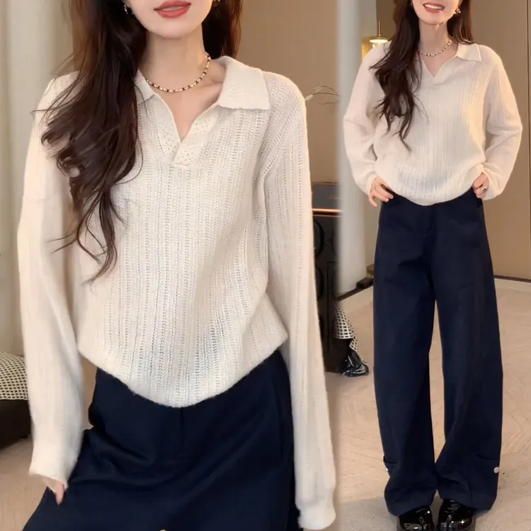纯欲慵懒风套装女2025年春秋新款翻领镂空针织衫长袖阔腿裤两件套