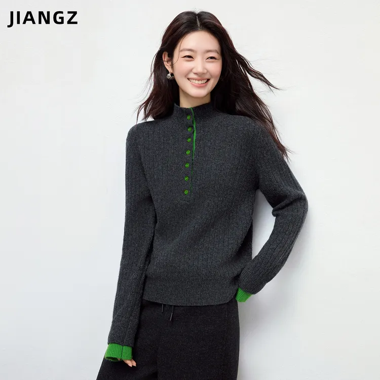 江洲【林屿】加厚保暖秋冬新款撞色假两件半开扣两穿立领打底针织衫