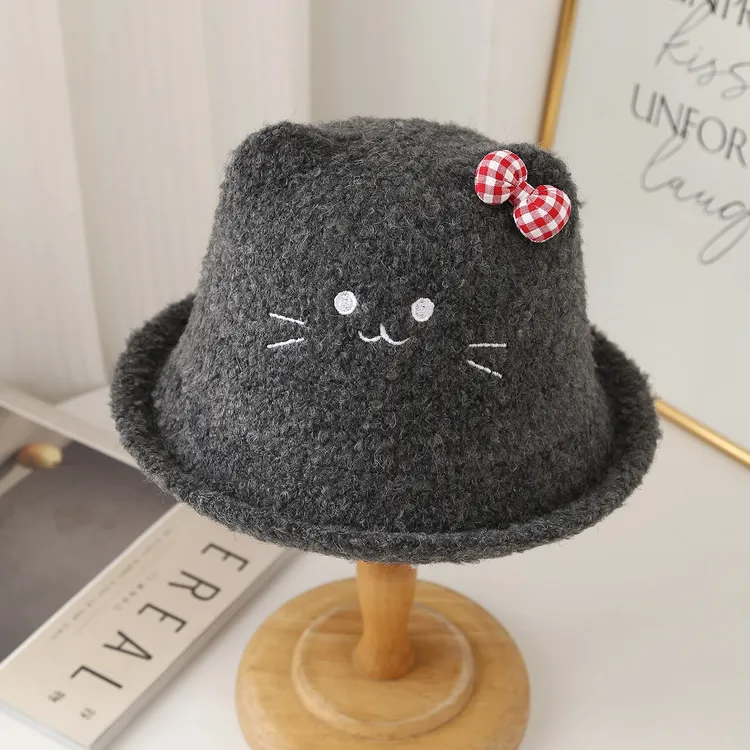 可爱小猫耳朵毛绒渔夫帽女冬季保暖显脸小百搭盆帽秋冬帽子潮帽